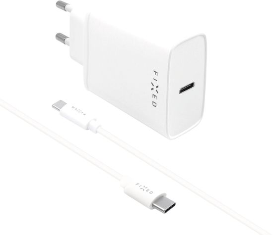 FIXED síťová nabíječka USB-C, PD, 20W, biela + USB-C - USB-C kábel, 1m, biela