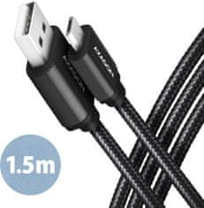 AXAGON kábel USB-A - micro USB2.0 HQ, 2.4A, opletený, 1.5m, čierna