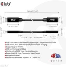 Club 3D prodlužovací kábel USB-C, 5Gbps, 60W(20V/3A), 4K@60Hz (M/F), 1m