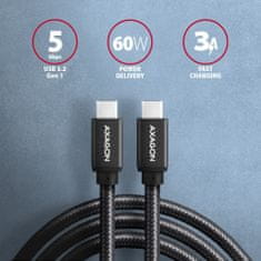 AXAGON kábel USB-C - USB-C SPEED USB3.2 Gen 1, PD60W 3A, opletený, 3m, čierna