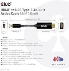 Club 3D aktivní kábel HDMI na USB-C, 4K60Hz, 1.8m, M/M