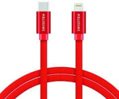 SWISSTEN textilní datový kábel USB-C - Lightning, 1,2m červený