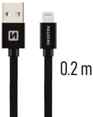SWISSTEN datový kábel USB - Lightning, M/M, 3A, opletený, 0.2m, čierna