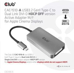 Club 3D adaptér USB-C 3.2 Gen1 - DVI-D (Dual Link), M/F, aktivní, HDCP OFF, 24.5cm, strieborná