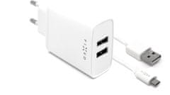 FIXED síťová nabíječka, 2xUSB, Smart Rapid Charge, 15W + kábel microUSB, 1m, biela