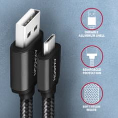 AXAGON BUMM-AM10AB, HQ kábel Micro USB <-> USB-A, 1m, USB 2.0, 2.4A, ALU, oplet, čierny