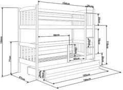 eoshop Poschodová posteľ s prístelkou KUBUS 3 80x190 cm, borovica/biela (Voľba matraca: Penový matrac)