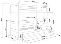 eoshop Poschodová posteľ s prístelkou RICO 3 80x190 cm, borovica/ružová (Voľba matraca: Penový matrac)