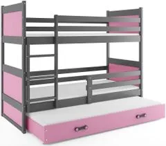 eoshop Poschodová posteľ s prístelkou RICO 3 90x200 cm, grafitová/ružová (Voľba matraca: Penový matrac)