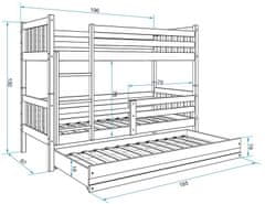 eoshop Poschodová posteľ s prístelkou CARINO 3 80x190 cm, borovica/biela (Voľba matraca: Penový matrac)