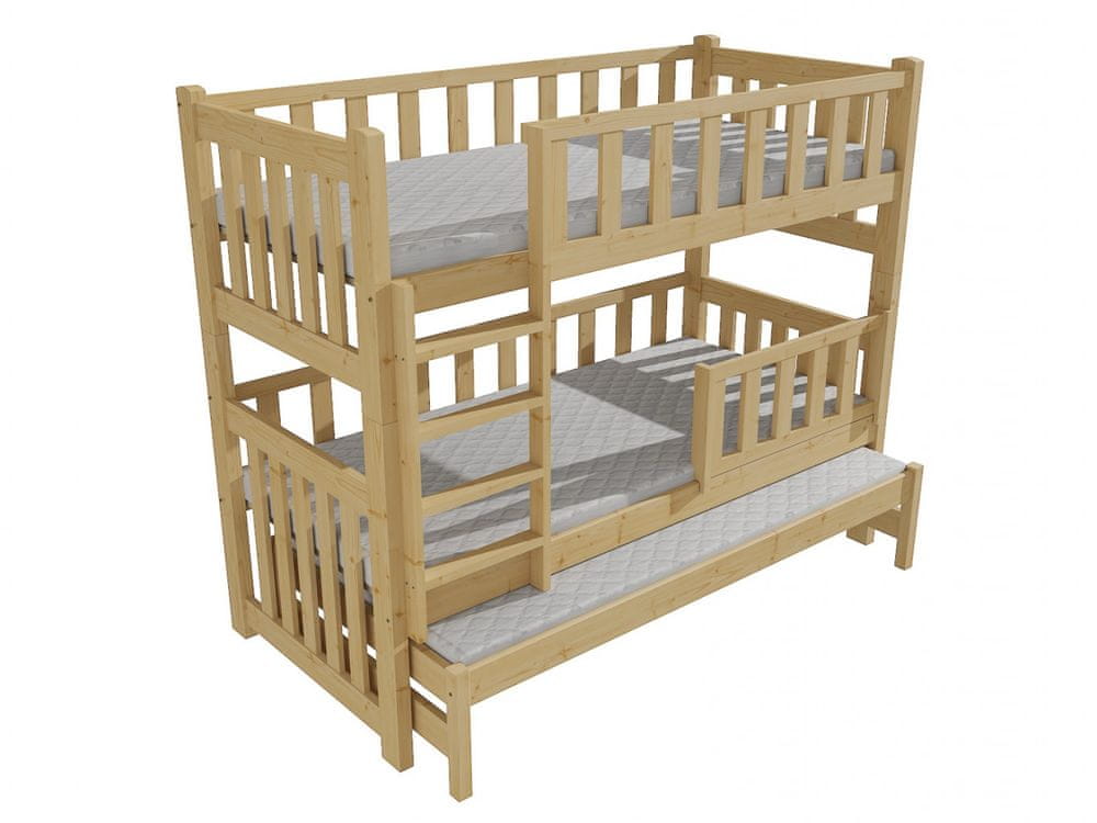 eoshop Poschodová posteľ s výsuvnou prístelkou PPV 023 so zábranou (Rozmer: 80 x 180 cm, Priestor medzi lôžkami: 100 cm, Farba dreva: surové drevo)