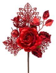 X Vetvička MagicHome Vianoce, s ružou, červená, 25,5 cm, bal. 6 ks