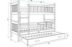 eoshop Detská poschodová posteľ Kubus - 3 osoby, 80x190 s výsuvnou prístelkou - Borovica, Biela