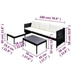 Petromila vidaXL 3-dielna záhradná sedacia súprava+podložky, čierna, polyratan