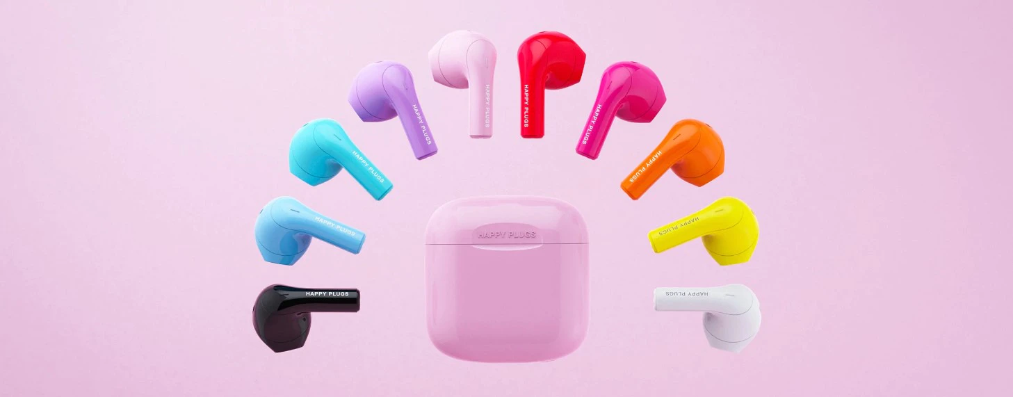  moderné bezdrôtové slúchadlá happy plugs joy pre radostné počúvanie hudby Bluetooth 5.2 technológie 12h výdrž vďaka puzdru dotykové ovládanie odolnosť voči potu a vode 