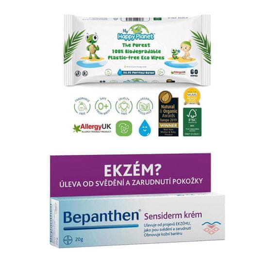 Bepanthen Krém Sansiderm proti ekzému 20 g + vlhčené obrúsky Happy Planet 100% BIO, 60 ks