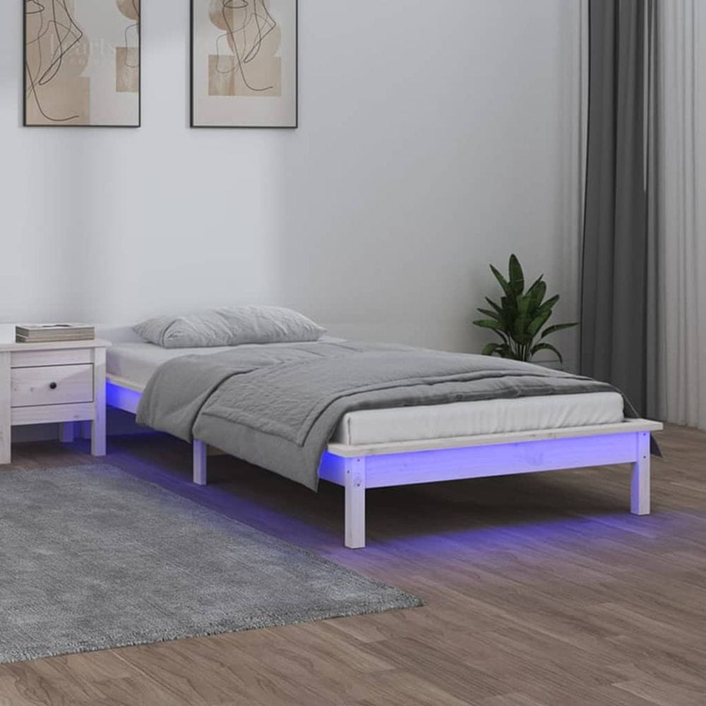 Vidaxl Posteľný rám s LED biely 75x190cm malé jednolôžko masívne drevo