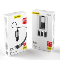 shumee 3v1 USB autonabíjačka + vstavaný Lightning USB-C micro USB kábel, čierny