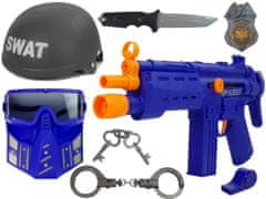 Lean-toys Policajná súprava SWAT Maska Prilba Odznak Pištoľ 36 cm