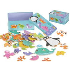 KIK Edukaná hračka morské zvieratá, 25 puzzle, kovový box