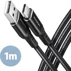 AXAGON kábel USB-C - USB-A, USB 2.0, 3A, ALU, opletený, 1m, čierna