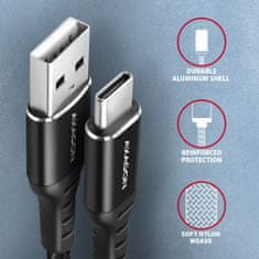 AXAGON kábel USB-C - USB-A, USB 2.0, 3A, ALU, opletený, 1.5m, čierna