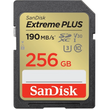 SanDisk Extreme PLUS 256 GB SDXC Memory Card 190 MB/s a 130 MB/s, UHS-I, Class 10, U3, V30