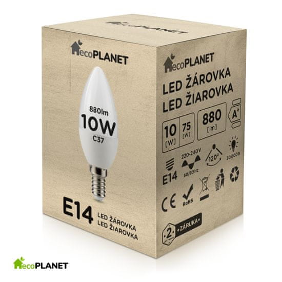 Berge LED žiarovka - ecoPLANET - E14 - 10W - sviečka - 880Lm - teplá biela