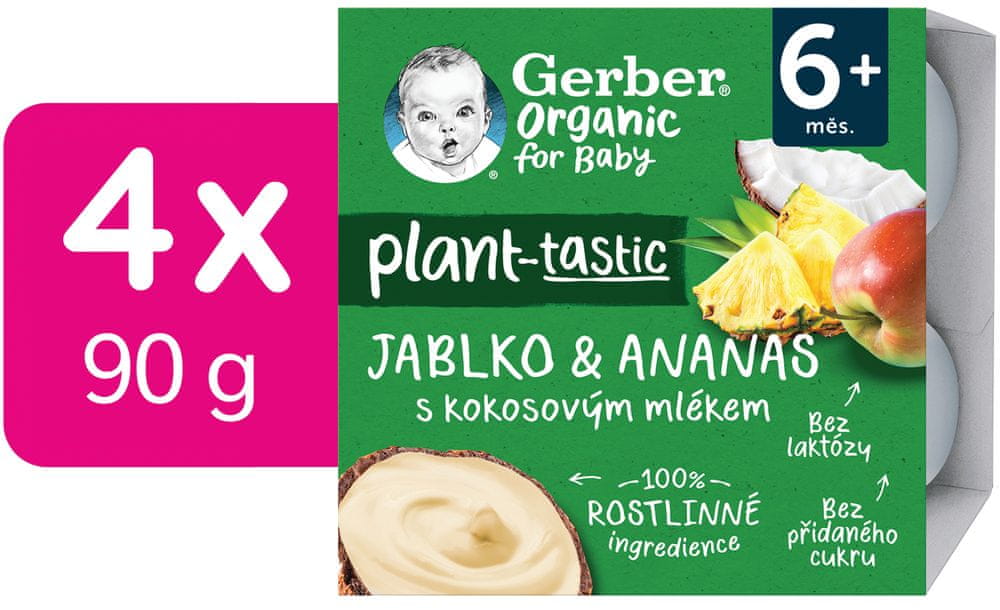 Gerber Organic 100 % rastlinný dezert jablko a ananás s kokosovým mliekom 4 x 90 g