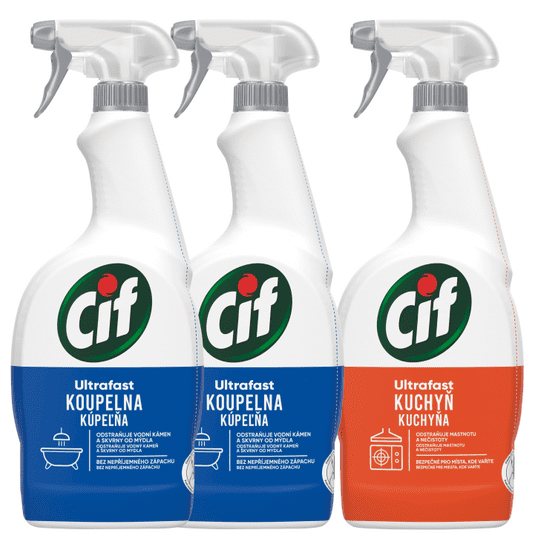 Cif Ultrafast Kúpeľňa čistiaci sprej 2 x 750 ml + UltraFast Kuchyňa 750 ml