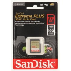 SanDisk Extreme PLUS 128GB SDXC Memory Card 190MB/s a 90MB/s, UHS-I, Class 10, U3, V30