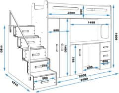 eoshop Detská vyvýšená posteľ Max 4 -1 osoba – biela - grafit, 80x200