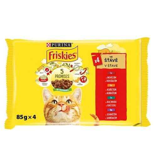 Friskies Mačka 4x85g s kuraťom, hovädzím, jahňacím, kačicou krmivo v šťave