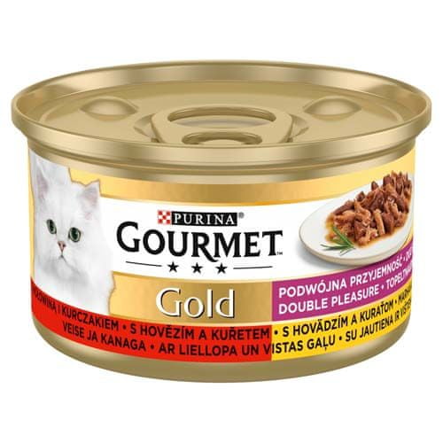 Gourmet GOLD s hovädzím a kuraťom 85g zmes grilovaných a dusených mäsových kúskov