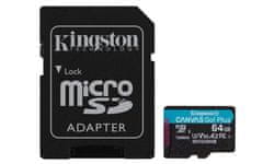 Kingston 64GB microSDHC Canvas Go! Plus 170R/100W U3 UHS-I V30 Card + SD adaptér