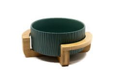 limaya keramická miska pre psy a mačky tmavo zelená štruktúrovaná s dreveným polkruhovým podstavcom 15,5 cm