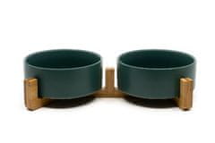 limaya keramická dvojmiska pre psy a mačky tmavo zelená s dreveným podstavcom 13 cm
