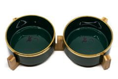 limaya keramická dvojmiska pre psov a mačky tmavo zelená lesklá so zlatým okrajom a dreveným podstavcom 15,5 cm