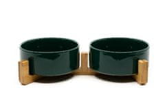 limaya keramická dvojmiska pre psy a mačky tmavo zelená lesklá s dreveným podstavcom 13 cm