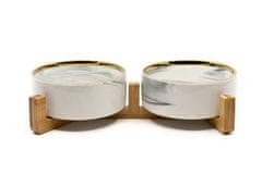 limaya keramická dvojmiska pre psy a mačky žíhaná bielo šedá so zlatým okrajom a dreveným podstavcom 13 cm