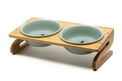 limaya keramicka dvojmiska pre psy a mačky s lemom a dreveným podstavcom šedo modrá 15 cm