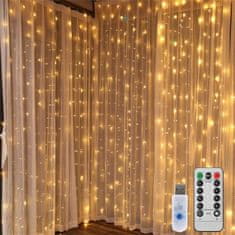 eCa  Vianočný svetelný záves 200 LED, USB, diaľkové ovládanie, 3 x 2 m teplý biely