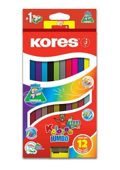 KORES Jumbo DUO trojhranné pastelky 5 mm s strúhadlom 12 farieb + 2 metalické farby