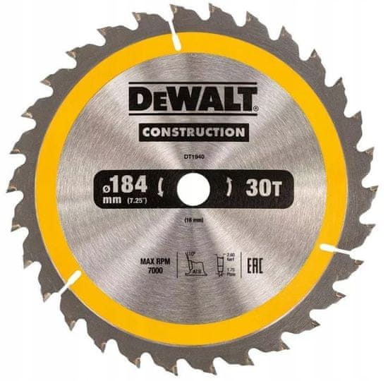 DeWalt Pilový kotúč na drevo 184 mm 16 mm 30z DT1940