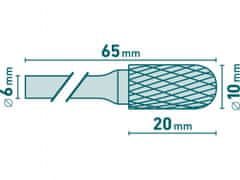 Extol Industrial Fréza karbidová, valcová s guľovým čelom, pr.10x20mm/stopka 6mm,sek stredná (double-cut)