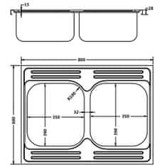 Vidaxl Kuchynský drez s dvomi vaničkami strieborný 800x600x155 mm nehrdzavejúca oceľ