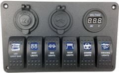 HADEX Panel PN-L6S3 so 6 vypínačmi, 2 napájacími zdierkami a V-metrom
