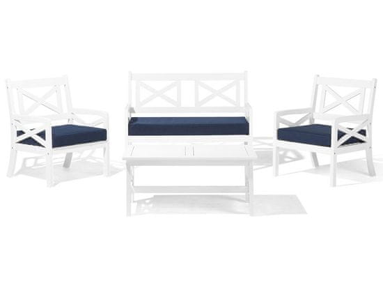 Beliani Biela záhradná súprava stôl so stoličkami a lavica s modrými vankúšmi BALTIC