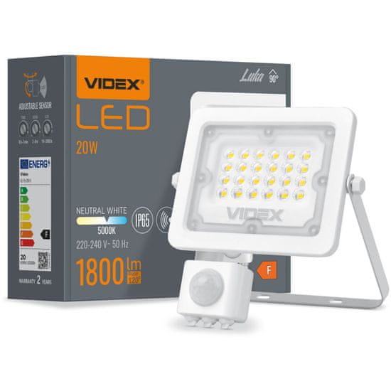 VIDEX Reflektor LED svetlomet 20W 1800lm 5000K IP65 biely s pohybovým a súmrakovým senzorom