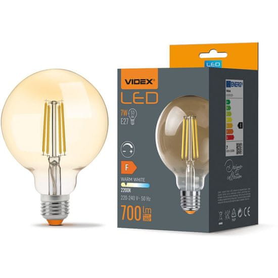 VIDEX Stmievateľná LED žiarovka E27 G95 7W = 53W 700lm 2200K Teplá biela 360°